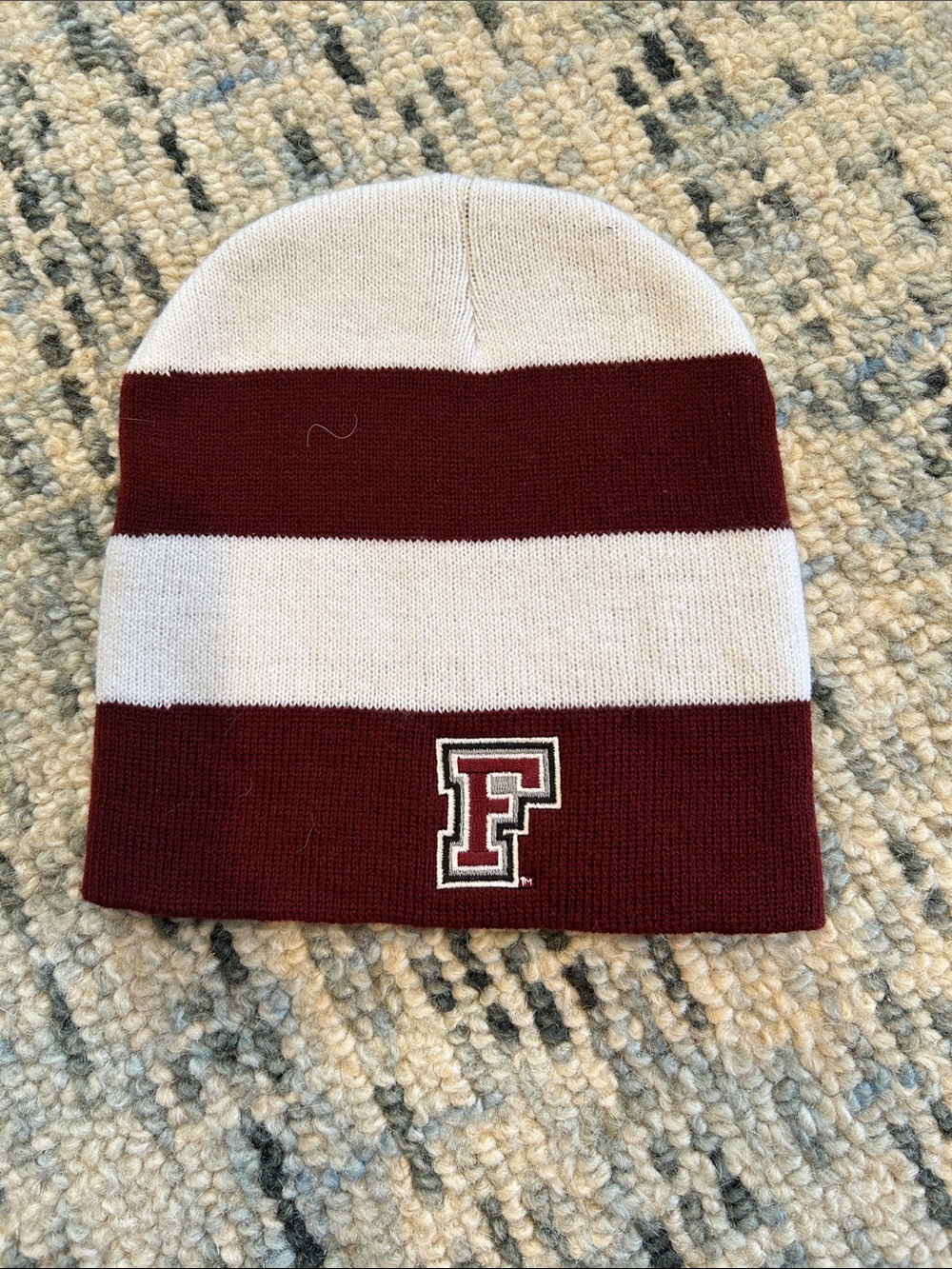 Fordham University Striped Beanie Hat in Maroon and White